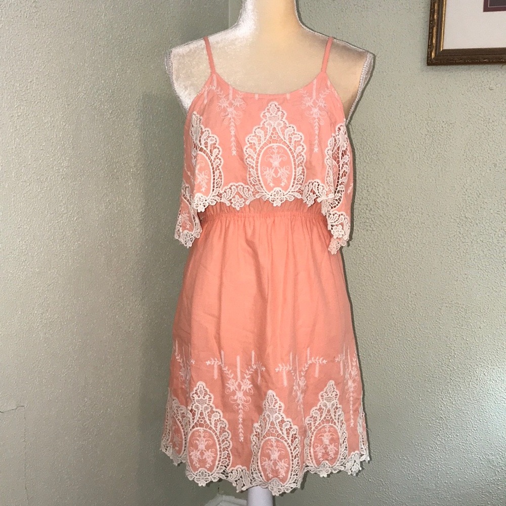 Flying Tomato Coral with Cream Embroidered Dress